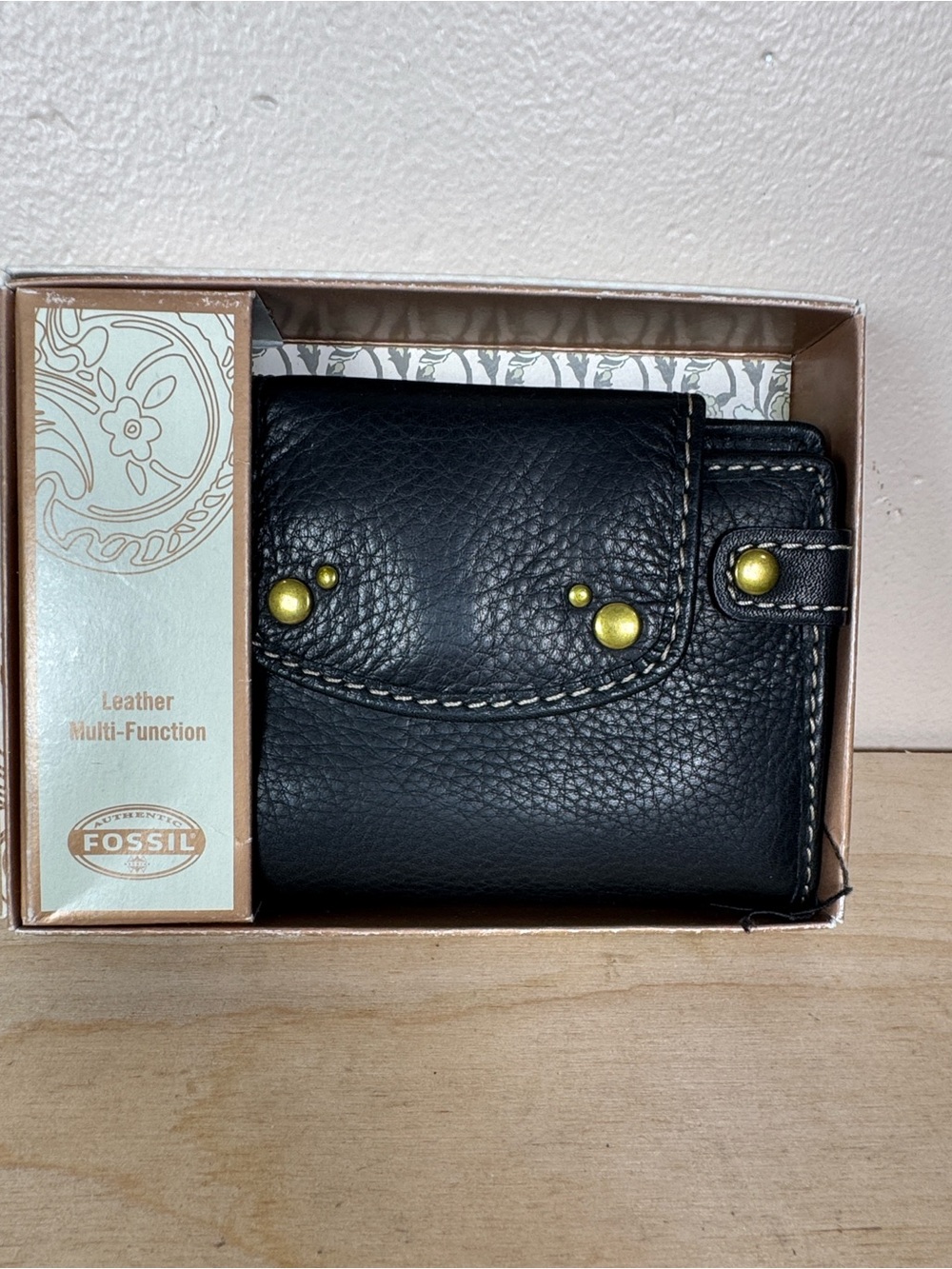 Fossil Black Pebbled Leather Wallet with Brass Studs